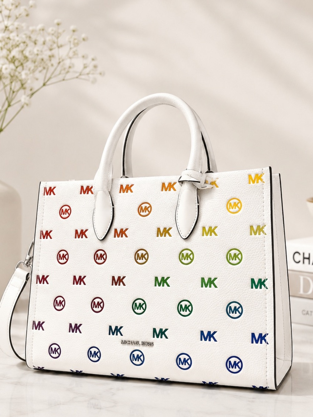 Michael Kors Mirella Medium Rainbow Logo Embossed Tote Bag